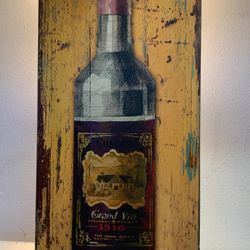 34.5”. X 14.5” Painted Wood Picture Vintage 1916 Grand Vin Wine
