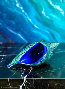 Murano Style Class Conch Shell Turquoise Green Exterior And Deep Blue Interior 8.5"