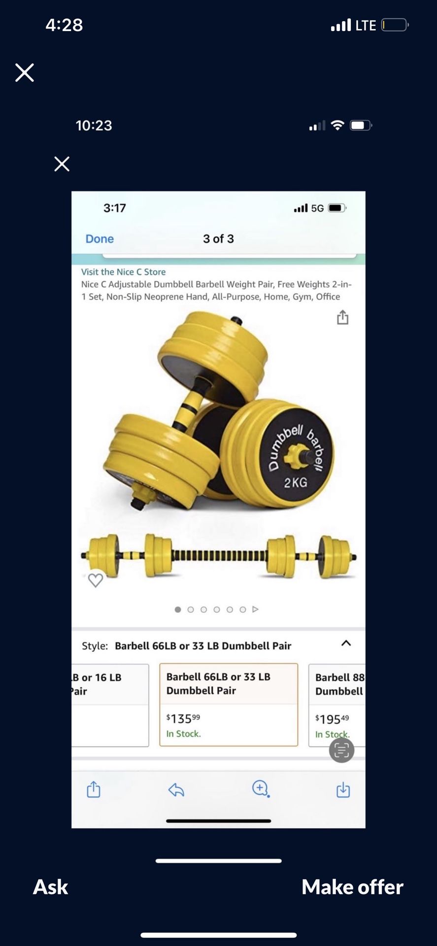 Nice C Adjustable Dumbbell Barbell Weight Pair, Free Weights 2-in- 1 Set, Non-Slip Neoprene Hand, All-Purpose, Home, Gym, Office