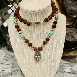 Turquoise And Rudraksha Necklace With Buddha Pendant 