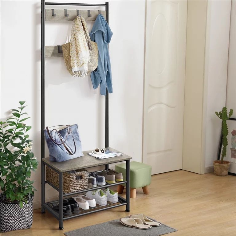 73'' H Metal Hall Tree Entryway Coat Rack with Shoe Storage Bench & 9 Movable Hooks,Gray