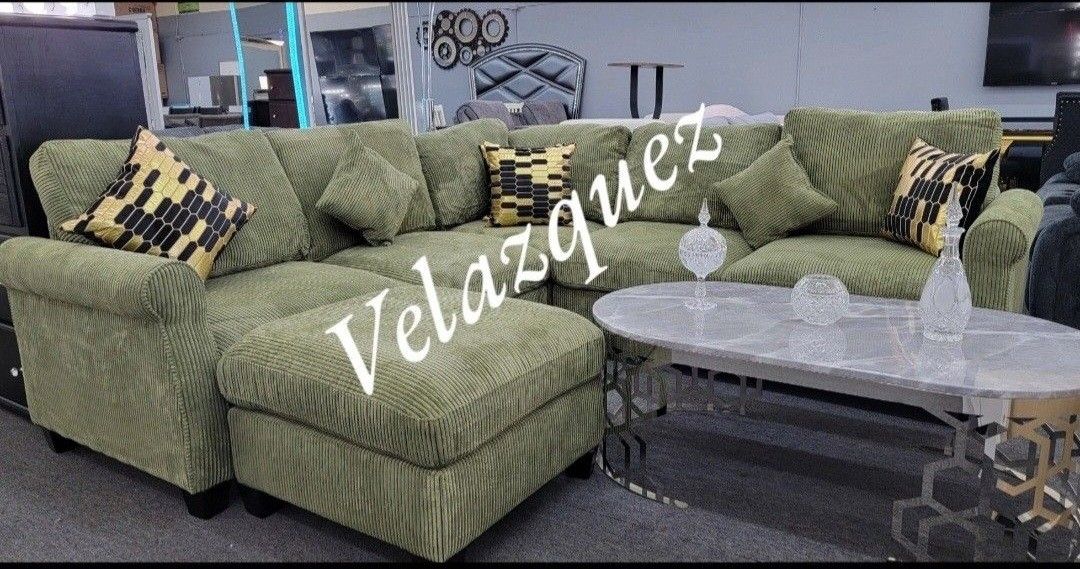 ✅️✅️ 4 pc sage green corduroy fabric sofa with rounded arms and ottoman✅️✅️