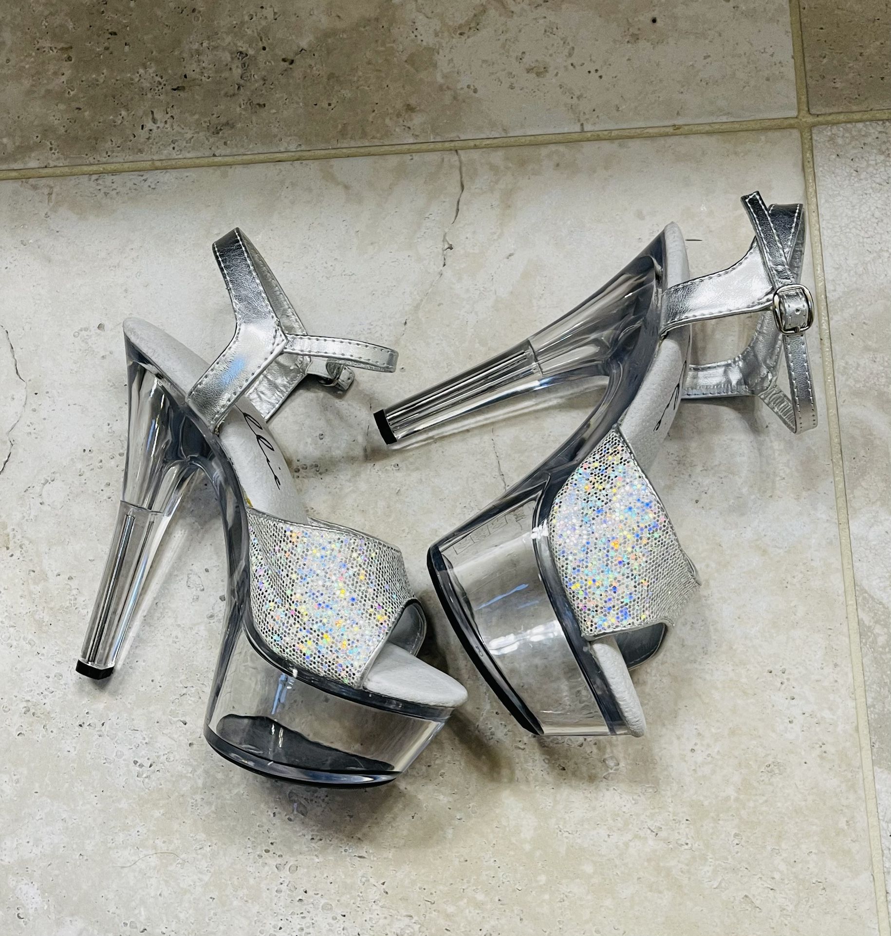 Like New Without Box 6” High Heels Clear Women's Open Toe Ankle Strap Sandals, Pumps Shoes, Size 5, 5.5