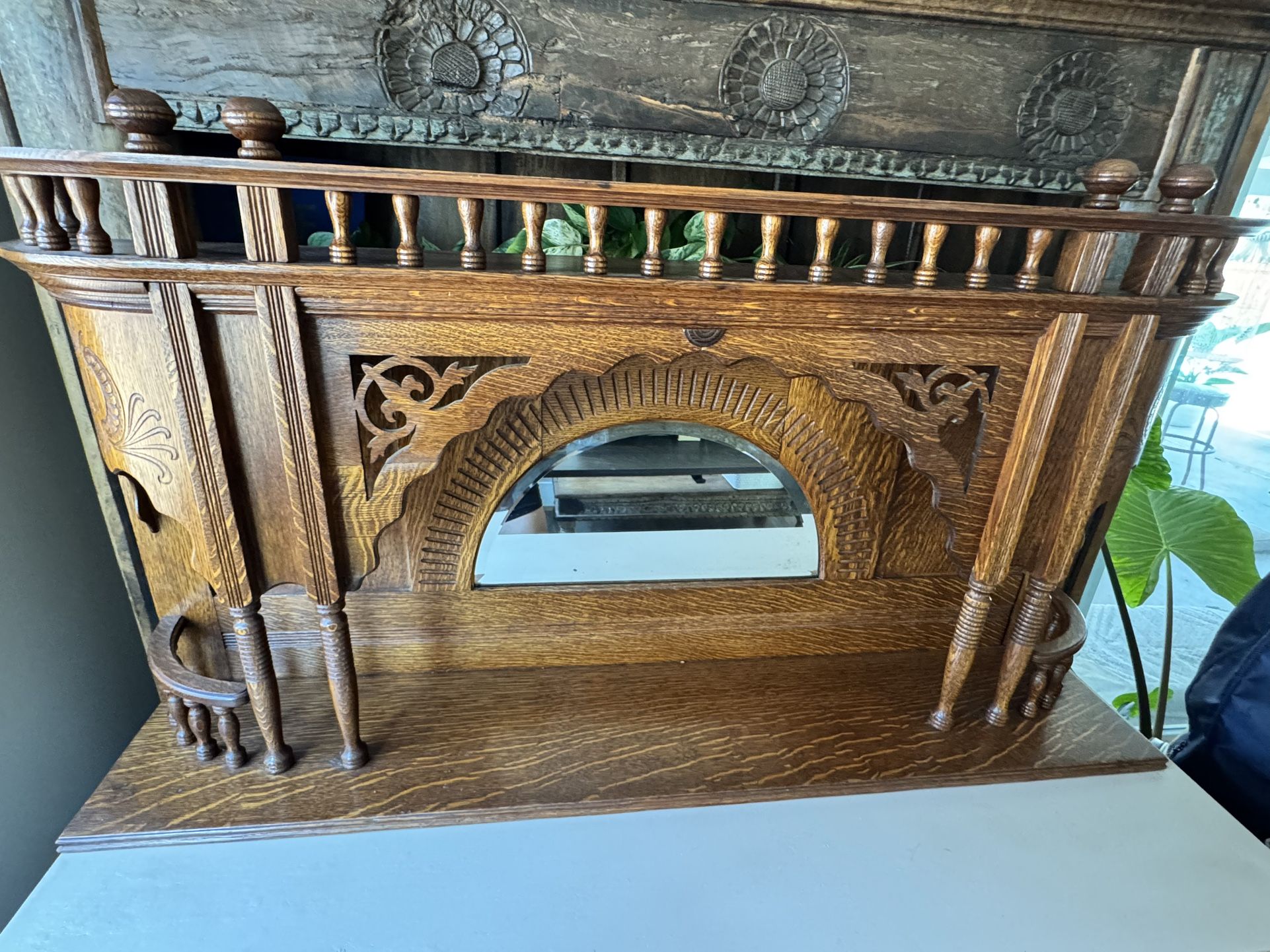 Antique Eastlake Oak Hutch Top Mirror - Quarter Sawn Wood, Ornate Detail