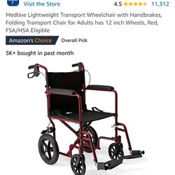 Medline Lightweight Foldable Transport Wheelchair with Handbrakes and 12-Inch Wheels, Blue Frame, Black Upholstery #1 Best Seller in Attendant & Trans