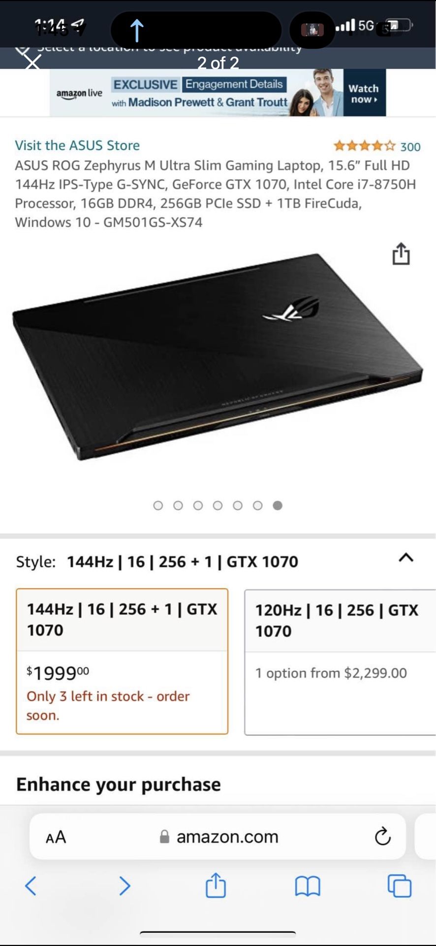 ASUS ROG Zephyrus M Ultra Slim Gaming Laptop, 15.6” Full HD 144Hz IPS-Type G-SYNC, GeForce GTX 1070,