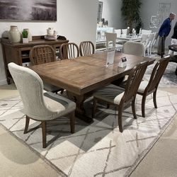 Brown Dining Table w/ 18” Leaf and 8 Chairs