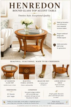 Henredon Round Glass Top Accent Table – Brass Paw Feet