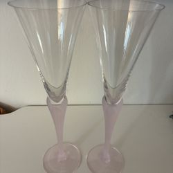 Pair of Pink Sasaki Crystal Aegean Fluted Champagne Glass Frosted Shell Stem $15 OBO