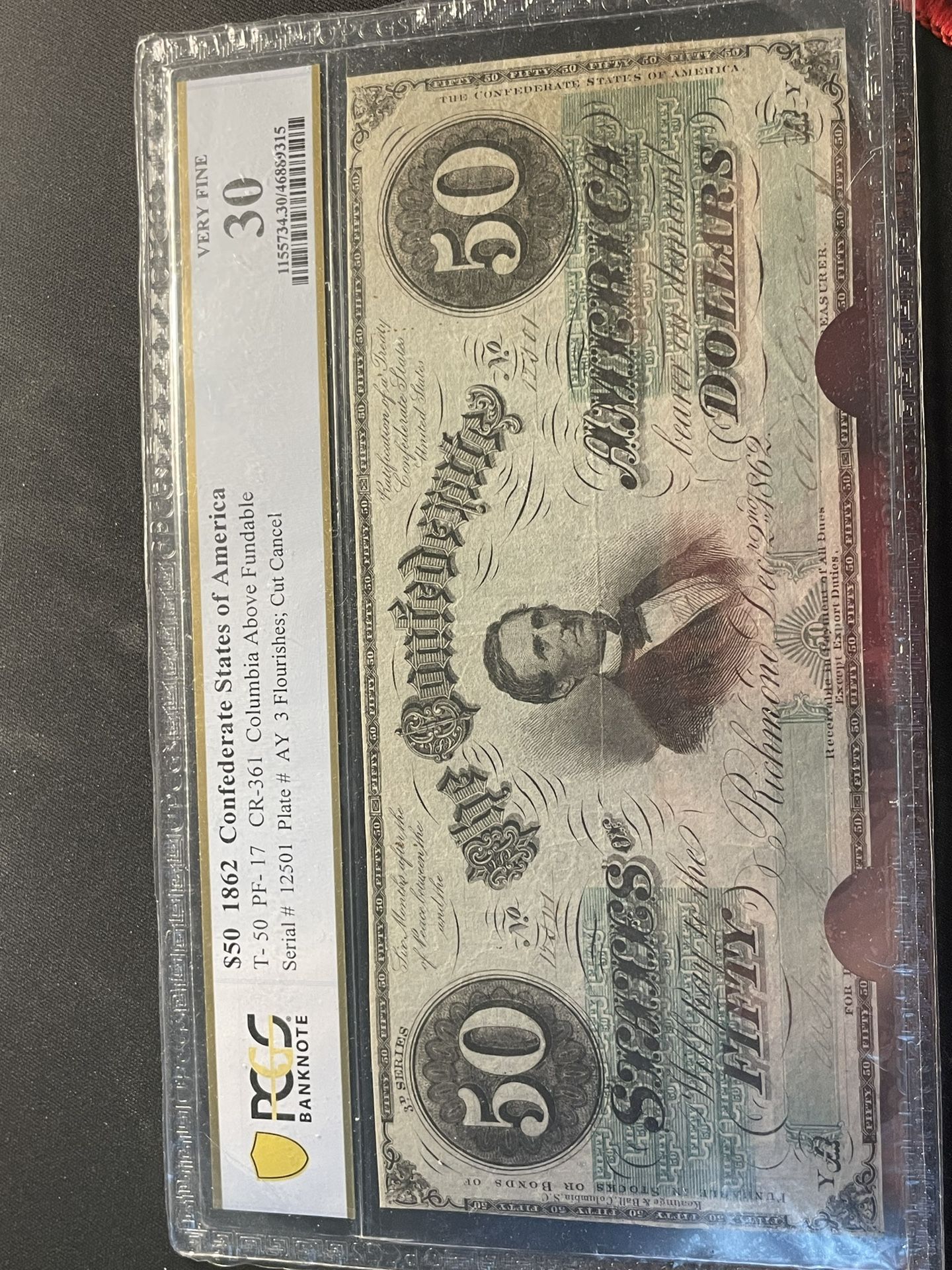 1862 $50 Fifty Dollar Bill Confederate Note T-50 PCGS Very Fine 30 Cut Cancel