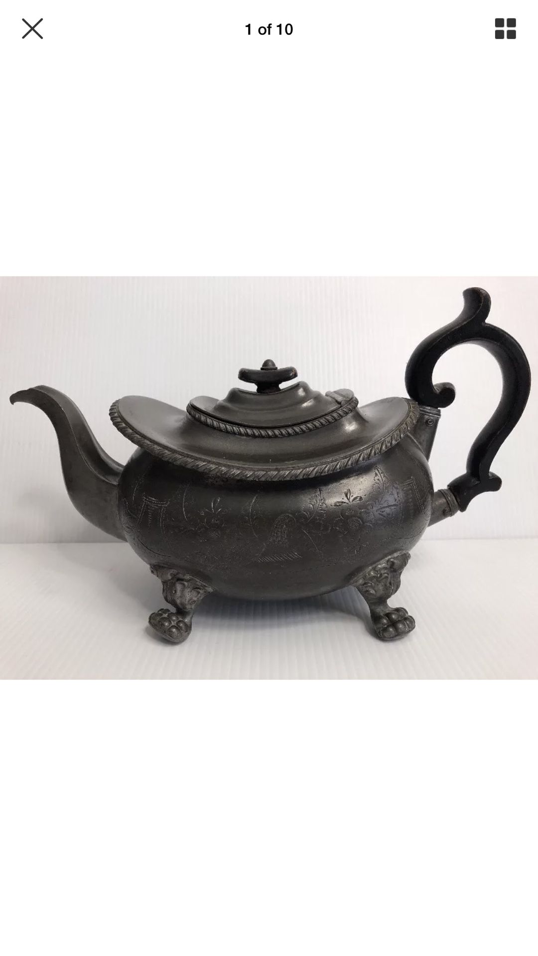 Antique Pewter Teapot Dixon & Smith ca 1815 engraved decorated wooden handle