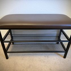 🪑 Padded Metal Entryway Bench with Storage Shelves