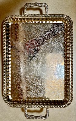 8 graceful, hand-engraved SILVER-PLATE SERVING TRAYS - $29 each