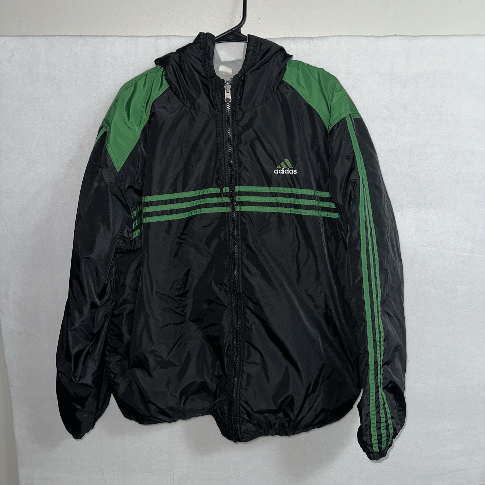 Adidas Windbreaker Jacket Mens Medium Green Black Padded Vintage Classic Athletic Hoodie
