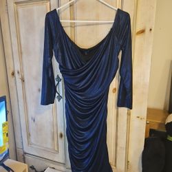 Express Women's Metallic Blue Dress Sz L Criss Cross Neckline Rouched Skirt