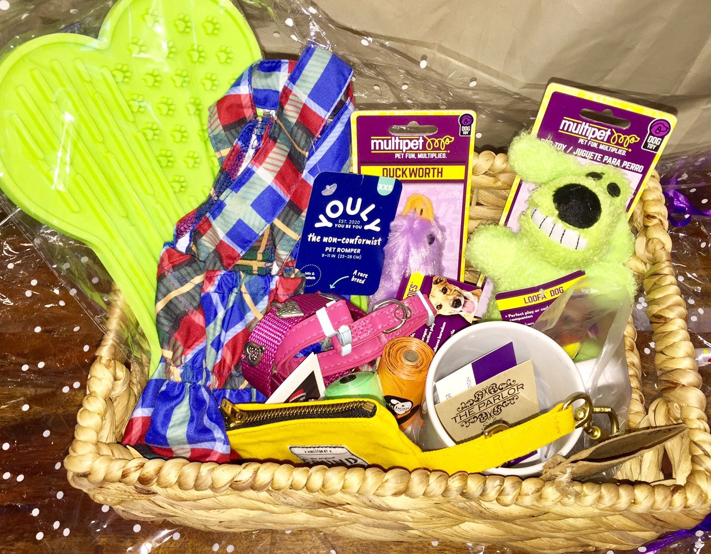 Gift Basket Pet Apparel Toys Accessories Collar Dress Duck Dog Mug Disposal Bag