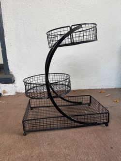 Black Metal Wire 3-Tier Basket Organizer Stand, Freestanding Rectangular Base