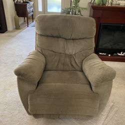 FREE LAZY-BOY GREEN ROCKER/RECLINER, BEIGE LEATHER COUCH, CHAIR & OTTOMAN & WOOD/GLASS OFFEE TABLE