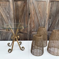 Glass Top Accent Table + 3 Gold Woven Lanterns – Boho Event Decor Set
