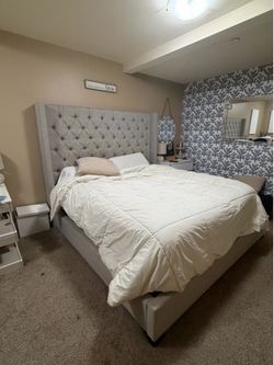NEED GONE BY FRIDAY JUNE 19th King Upholstered Bed Frame from Macy’s – Gray Tufted Headboard