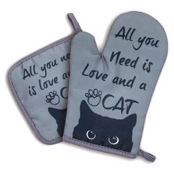 “All You Need is Love and A Cat” Oven Mitts and Pot Holder