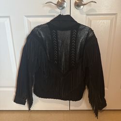 Black fringe jacket with embroidered details and leather accents