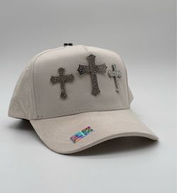 3 Cross Cream Snap Back Cap with Rhinestone Cross Embellishments