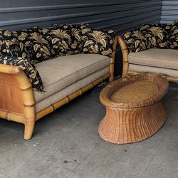 Vintage Bamboo Sofa & Loveseat with Wicker Tables 
