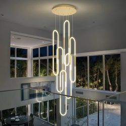 H139 Modern LED Chandelier 6-Rings Black Chandeliers for High Ceiling Large Pendant Light for Staircase Foyer High Ceiling Living Room