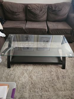 Glass Top Coffee Table with Dark Wood Base