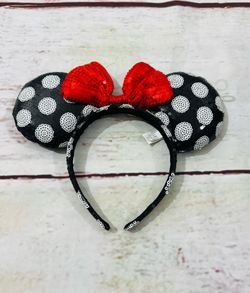 Disney Parks Micky Minnie Mouse Sequined Black White Polka Dot Bow Ears Headband