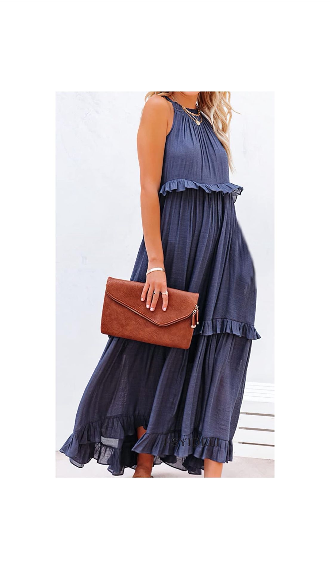 Summer Sleeveless Halter Neck Tiered Dress Flowy Ruffle Long Beach Maxi Dress Sundress