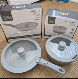 Cuisine&Co 11" Fry Pan & 3QT Sauce Pot with Lids and a Detachable Handle