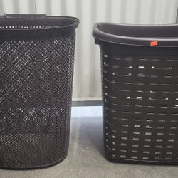 Two Brown Plastic Laundry Baskets