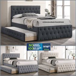 Full/Twin Gray Frenchi Tufted Trundle Beds W. Ortho Mattresses Included 