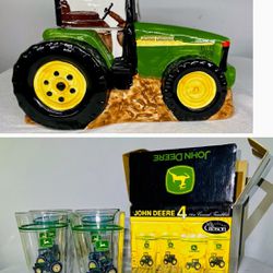 John Deere Green Tractor Ceramic Cookie Jar & 4 Glass Tumbler Set By Gibson NIB