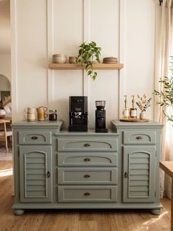 Custom Sage Green Coffee Bar Credenza / Drop-Center Buffet Sideboard