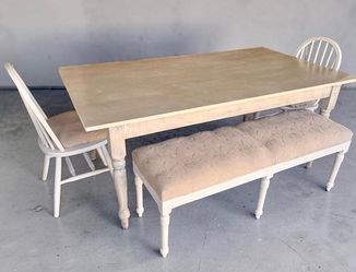 Large beautiful wood table with bench and two chairs