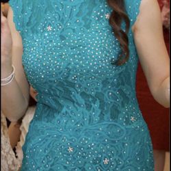 Teal Lace Mermaid Evening Gown