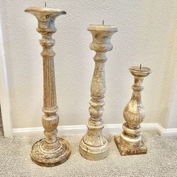 (3) Large Z Gallerie Sonoma Ivory Crackle Candleholders & (3) Timber Chocolate (burgundy) Candles