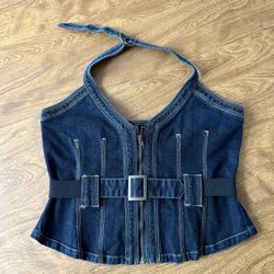 Wet Seal Y2K Women’s Dark Wash Denim Halter Zip Front Corset Top Junior Size XL