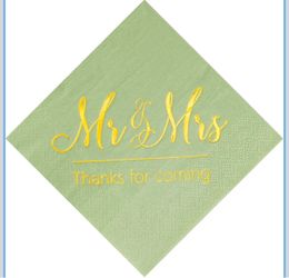 Sage Green Napkins Mr & Mrs Gold Cocktail Beverage Dessert Napkins for Engagement Party Decorations, Wedding Cake Table Decor Supplies 100 Pcs, 3-Ply