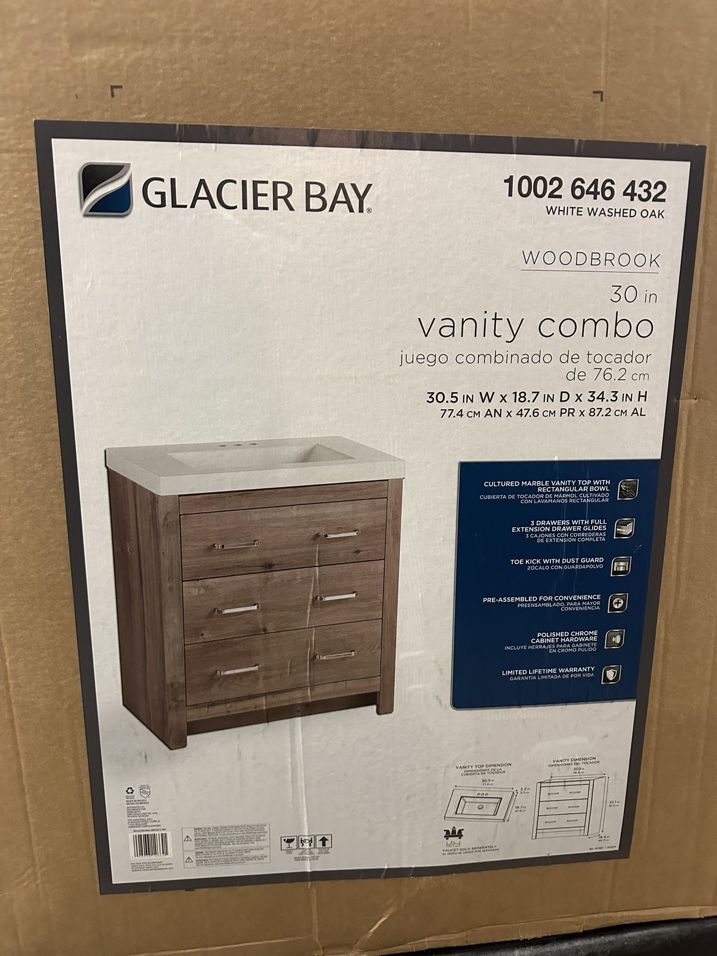 30 Inch Vanity Combo With Top And Sink White Washed Oak