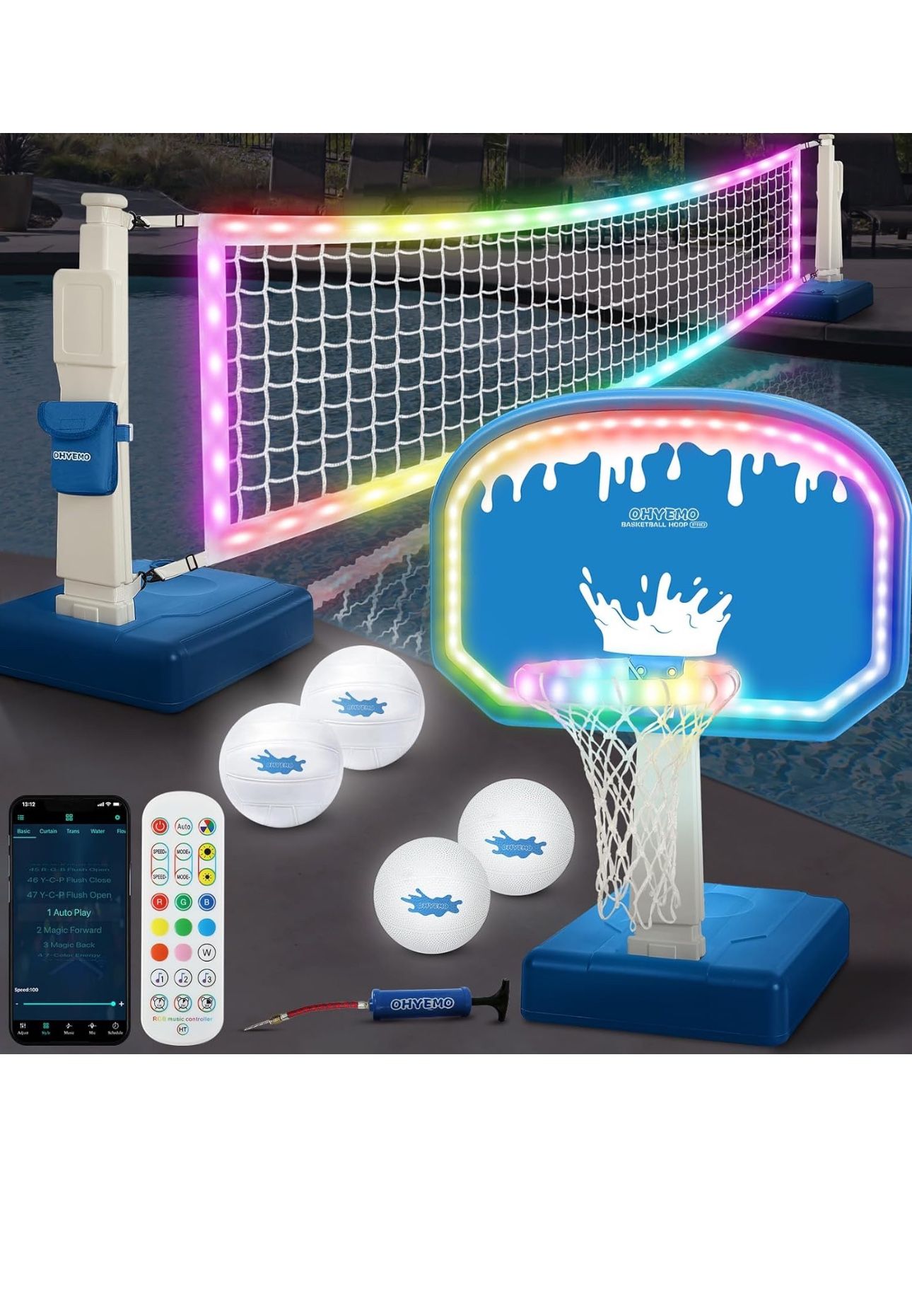 2-in-1 LED Pool Volleyball & Basketball Game Set, Light Up Pool Sport Combo Set with 14in LED Rim swimming Toy Game