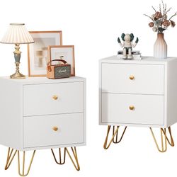 White Nightstand Set of 2, White and Gold Night Stand with 2 Drawers, Modern End Table with Metal Legs and Gold Handles, Bedside Table for Bedroom, Ha