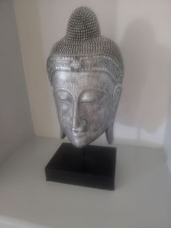 Silver Tranquility Buddha Head Sculpture on Stand