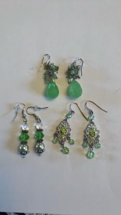 3 green glass earrings