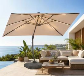 11 ft. Cantilever Patio Umbrella with Base and Solar LED Lights, Aluminum Offset 360° Rotation, Champagne