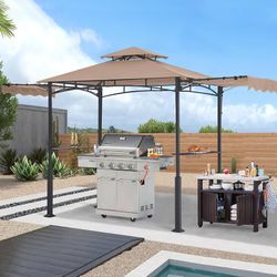 ABCCANOPY Grill Gazebo 14x5 with 2 Side Awnings & 2 LED Lights, Khaki  Large Shade Area - This ABCCANOPY outdoor grill gazebo features 2 Side Awnings,