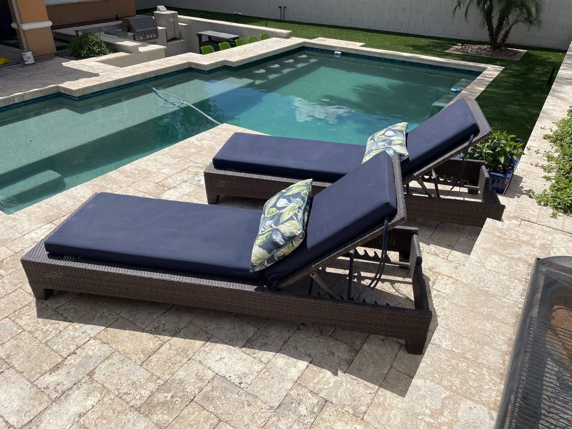 Set of 2 RH Restoration Hardware Modern Lounge Chaises Patio Furniture Brown Blue Designer